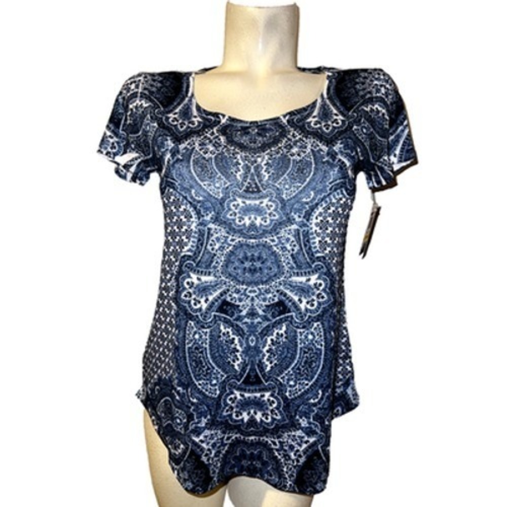 Style & Co Petite Medium PM Blue Paisley Rhinestone Scoop Neck Short Sleeve Top